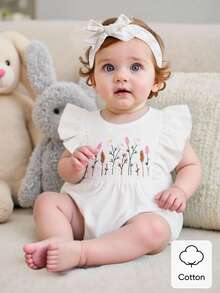 女婴短袖刺绣连体衣，带发带，女婴服装 - 白色 - 查看 6