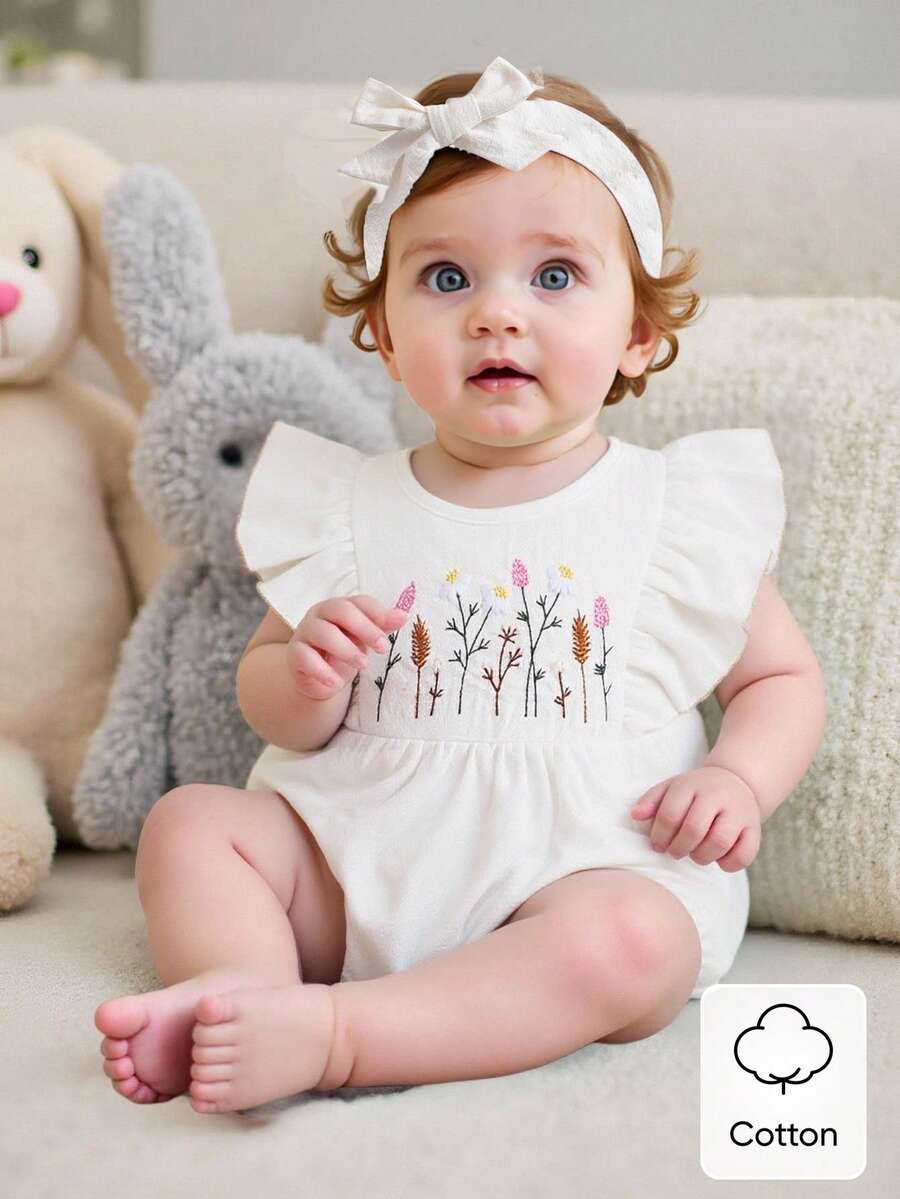 女婴短袖刺绣连体衣，带发带，女婴服装 - 白色 - 查看 1