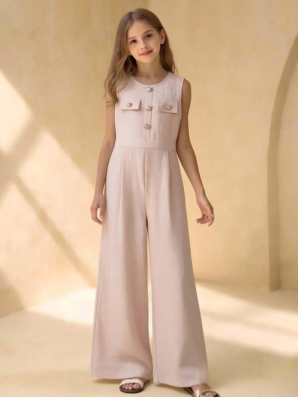 SHEIN 1 adet Kız Çocuk Modası Yeni İlkbahar/Yaz Günlük Kullanım İçin Dokuma Kolsuz Cepli Düğme Detaylı Arka Fermuarlı Düz Kesim Tulum, Yuvarlak Yaka Kayısı Rengi Vücuda Oturan Tulum Günlük Geziler İçin