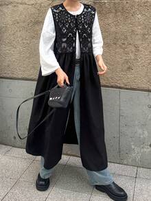 FRIFUL Women's Solid Color Layered Sheer Lace Patchwork Loose Casual Robe, Versatile Spring Outfit Sundress - Black - View 1