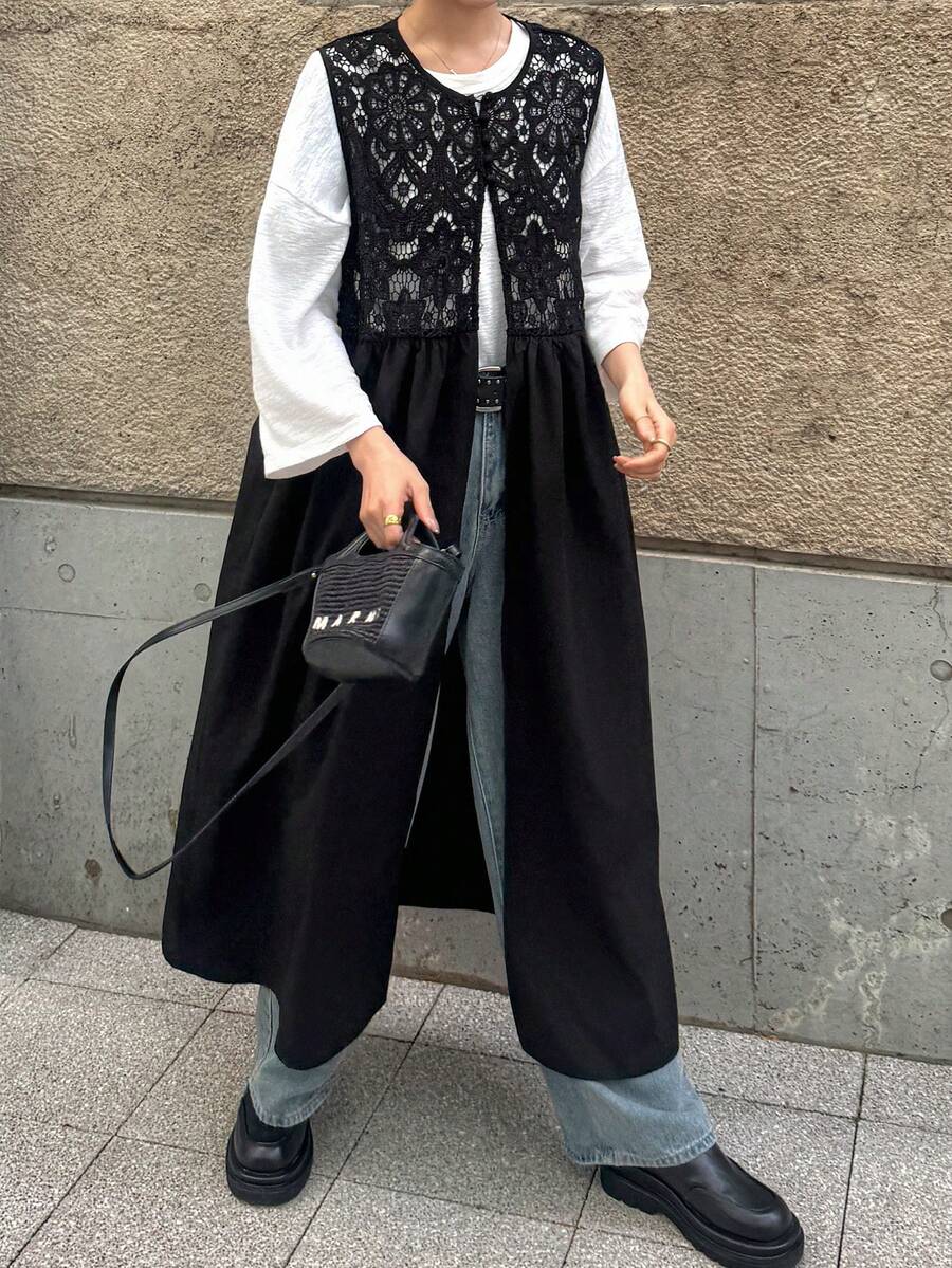 FRIFUL Women's Solid Color Layered Sheer Lace Patchwork Loose Casual Robe, Versatile Spring Outfit Sundress - Black - View 1
