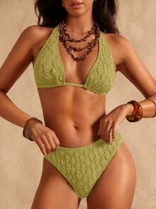 Swim Chiccia Bộ bikini nữ cổ chữ V buộc dây cổ, kiểu dáng ôm sát, thích hợp cho kỳ nghỉ, gồm 2 mảnh, đồ bơi đồng bộ cho nữ, bikini mùa hè có họa tiết, bộ bikini nữ. - màu xanh lá - Xem 2