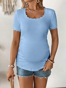SHEIN Maternity Casual Solid Color Short Sleeve Fitted T-Shirt, Summer - Blue - View 5