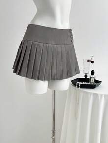 Elamini Váy quần nữ màu trơn xếp ly, thiết kế cài nút bên hông. - Xám - Xem 3