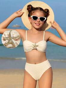 Ensemble de bikini à bretelles fines avec jupe, décor métallique en forme d'étoile de mer, couleur unie, pour les jeunes filles en été - Nude - Voir 3