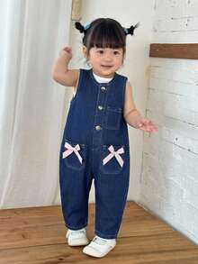 SHEIN 女婴深蓝色牛仔无袖白色条纹连体锥形裤 - 深色水洗藍 - 查看 3