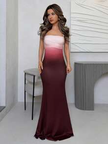 Jemour Women's Elegant Ombre Allover Print Backless Tie Neck Dress, Suitable For Vacation, Party, Evening, Date, Chic Fall, Burgundy Dress, Fall Dresses For Women - Burgundy - View 1