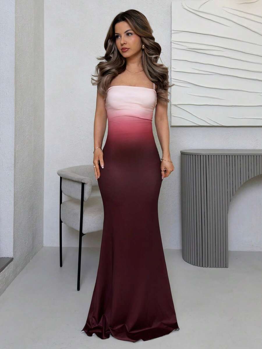 Jemour Women's Elegant Ombre Allover Print Backless Tie Neck Dress, Suitable For Vacation, Party, Evening, Date, Chic Fall, Burgundy Dress, Fall Dresses For Women - Burgundy - View 1