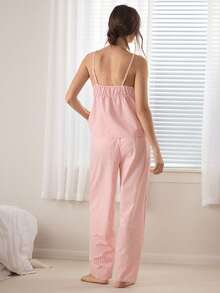 Ocili Comfortable Cotton Soft Jacquard Pajamas Home Wear, Women Camisole And Pants Set With Petal Trim - Pink - View 3