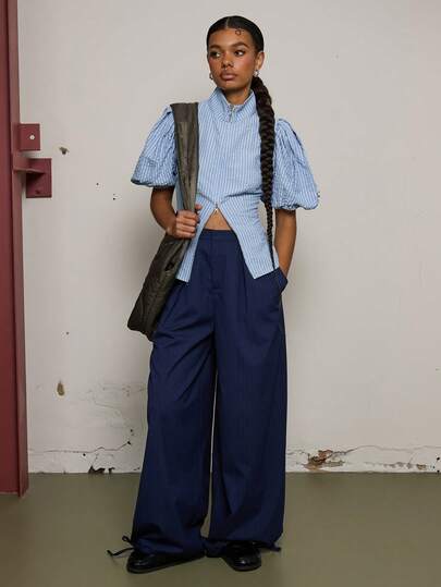 COUREZ PUFF SLEEVE HIGH NECK SHIRT IN STRIPE