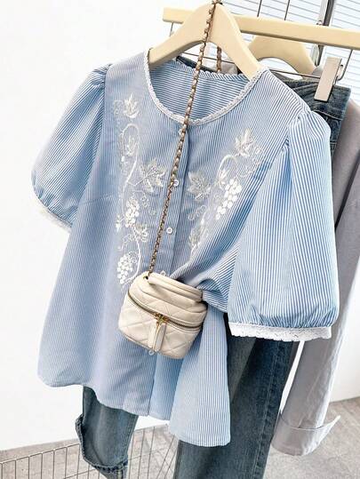 GlowEve CURVE Plus Size Women's Bestselling French Style Round Neck Puff Sleeve Embroidered Short Sleeve Blouse, Delicate Embroidery And Ruffle Design Cardigan, Slimming Fit Top, Suitable For Daily Commute And Outings