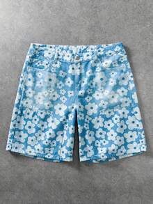 ROMWE MEN Street Life Quần short denim nam in họa tiết hoa, kiểu dáng thường ngày. - Màu xanh lam - Xem 1