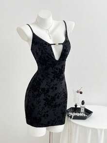 Elamini 女士极简黑色花卉植绒深V领修身迷你连衣裙，春夏款 - 黑色 - 查看 5