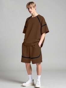 SHEIN Vacaura 2件套青少年春夏秋季撞色条纹短袖T恤和口袋短裤休闲运动时尚套装 - 棕色 - 查看 1