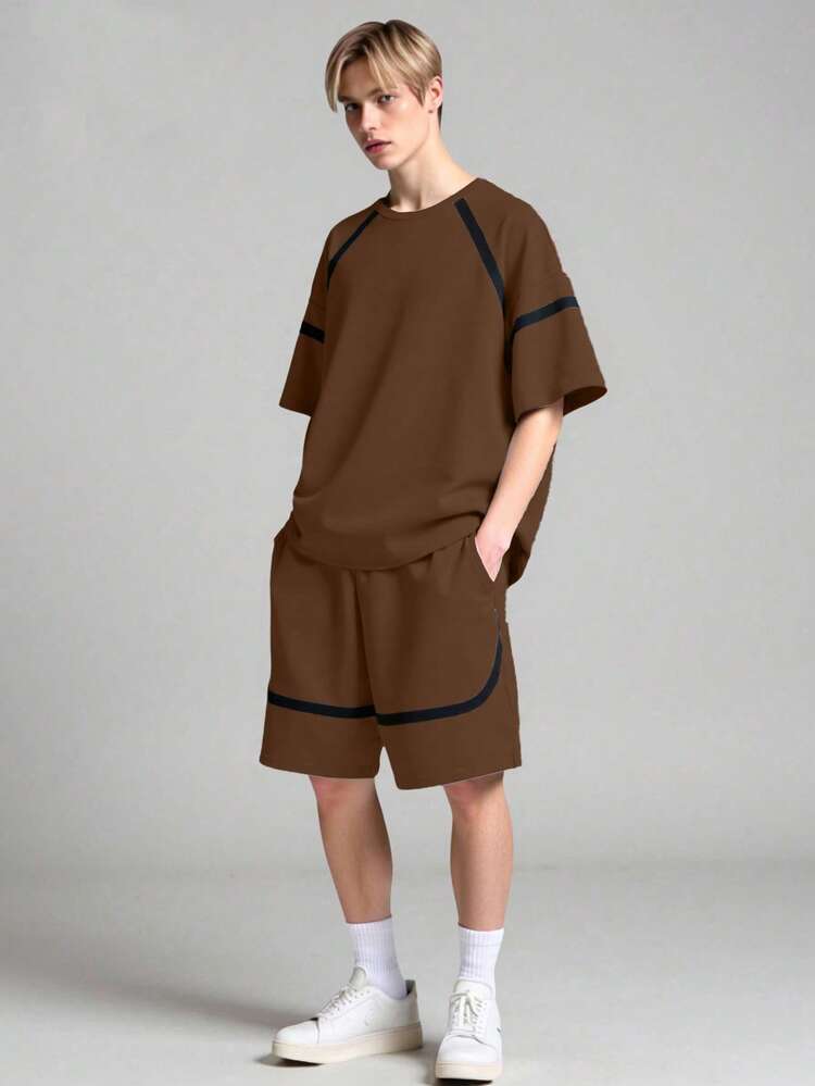 SHEIN Vacaura 2pcs/Set Teenager's Spring/Summer/Autumn Raglan Sleeve Colorblock Striped Short Sleeve T-Shirt And Pocket Shorts Casual Sports Fashion Outfit - Brown - View 1