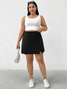 SHEIN Essnce Plus Split Front Solid Skort - Black - View 4