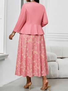 SHEIN Lady 2件套加大码女式商务抽象波浪印花简约圆领系带度假中长连衣裙套装外出穿搭两件套 - 粉色 - 查看 2