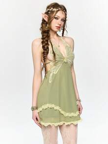 ROMWE Fairycore 仙女风蕾丝拼接系带露背迷你连衣裙 - 綠色 - 查看 10