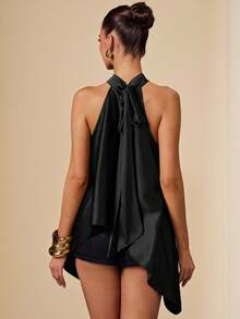 SHEIN BAE Đầm maxi dáng rộng màu xanh ô liu bằng satin, cổ yếm, hở lưng, kiểu dáng chữ A gợi cảm, thích hợp cho kỳ nghỉ xuân/hè, đi biển, dự đám cưới sang trọng, kỳ nghỉ lễ, đi chơi tối thu/đông, Giáng sinh thanh lịch, Halloween. - màu đen - Xem 2