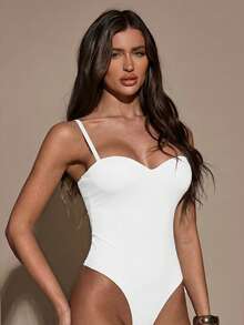 SHEIN BAE 女士休闲日常通勤简约纯色修身连体衣，夏季 - 白色 - 查看 5