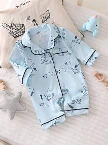 SHEIN Vintaside Kids Pijama de una pieza para recién nacidos e infantes, con estampado de dinosaurios de dibujos animados y cordón, de tela suave y cómoda - Azul - Ver 6