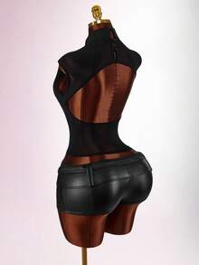 Amplova 女士薄纱花卉上衣，性感露背设计，立领，性感撩人 - 黑色 - 查看 7