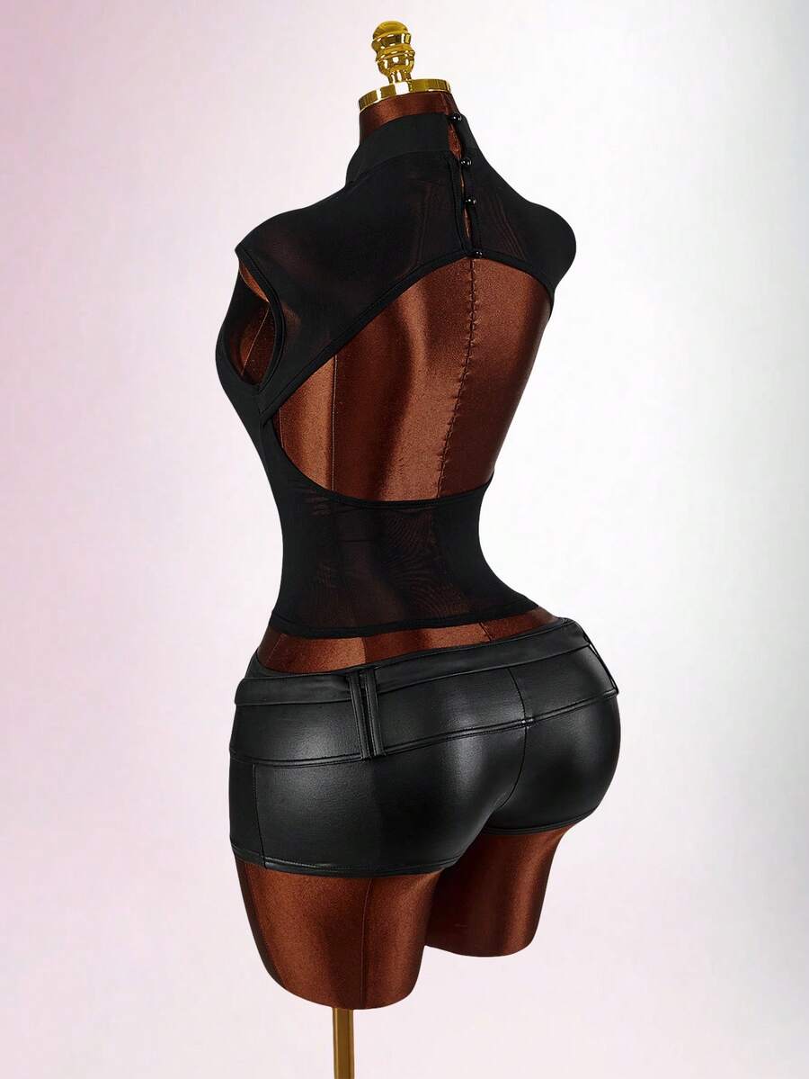 Amplova Women's Sheer Mesh Floral Blouse, Sexy Backless Design, Stand Collar, Revealing, Sensual - Black - View 1