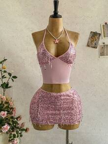 Soleia 女士度假休闲套装，春夏款 - 粉色流苏亮片吊带上衣搭配同款低腰亮片迷你裙两件套，适合海滩、邮轮、度假村等场合。 - 粉色 - 查看 6