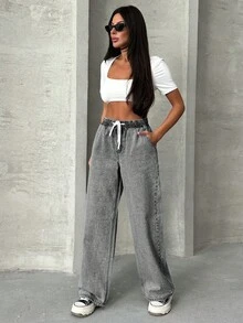 EURMUSE WOMEN Elastic Waist & Belted Cargo Denim JEANS MID WAIST - Grey - View 4