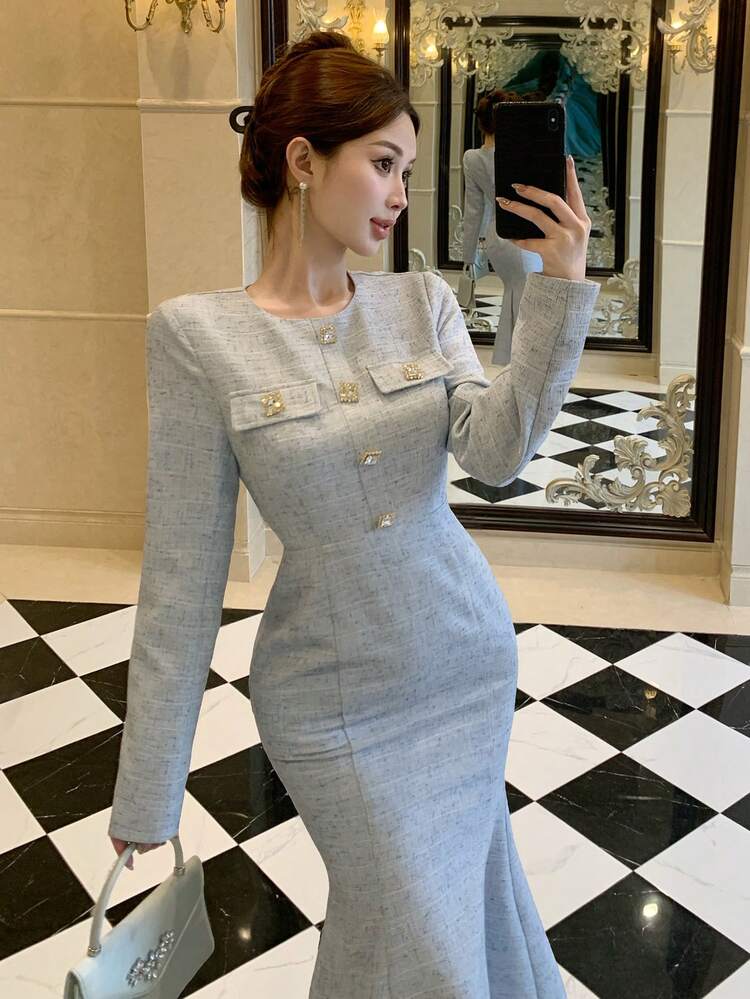 Autumn/Spring Shiny Rhinestone Metal Buckle Decor Dark Base Plaid New Year Christmas Wedding Party Formal Gown Elegant Bodycon Color Block Mermaid Midi Dress For Women