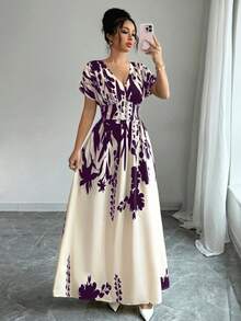 Elenzga V领收腰印花长裙，优雅迷人，适合春夏、秋冬四季穿着，也可作为音乐会、晚礼服、日常通勤、婚礼季/音乐节等场合的礼服。 - 紫色 - 查看 3