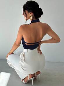 Firerie 女款優雅海軍藍夏季派對晚宴上衣，不對稱領口無袖掛脖露背可調節鈕扣裝飾修身通勤辦公襯衫 - 藏蓝色 - 查看 5