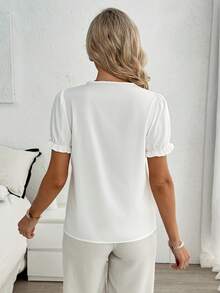 Louniche Elegant Vacation Floral Print Women's Round Neck Puff Sleeve Ruffle Hem Summer Blouse - White - View 2