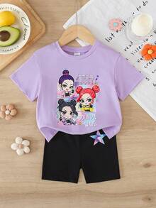 SHEIN 女婴休闲时尚街头卡通女孩乐队图案圆领短袖T恤和短裤套装，适合春夏穿着 - 彩色 - 查看 6