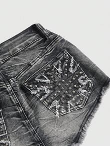 ROMWE Grunge Punk Y2K 性感复古米字旗刺绣镶钻超低腰牛仔短裤（女款） - 灰色 - 查看 4