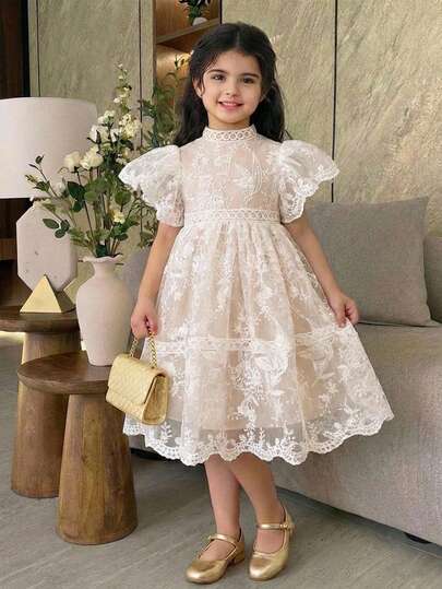 Young Girl Elegant Floral Mesh Short Sleeve Dress