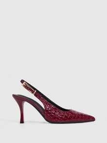 CUCCOO SZL 女士尖头高跟鞋，8厘米优雅细高跟，后跟系带，方便穿脱，镜面PU材质，金属大装饰扣，酒红色，酒杯鞋跟，适合日常/派对/圣诞节/感恩节/情人节/约会/聚会等场合穿着。 - 酒紅色 - 查看 3