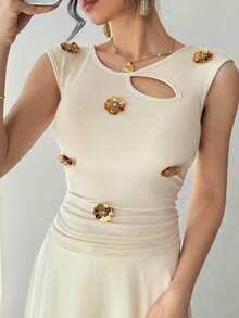 DAZY 女士优雅亮片装饰镂空上衣，夏季婚礼宾客礼服 - 米色 - 查看 5