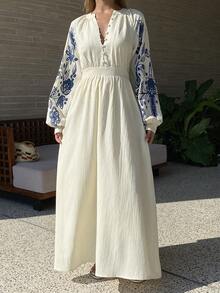 Livesso Women's Raglan Sleeve Printed Waist Cinched Midi Dress, Suitable For Summer Vacation - Beige - View 1