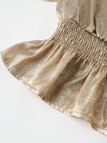 GlowEve Women's Metal Texture Round Neck Short Puff Sleeve Gathered Waist Blouse - Gold - View 4