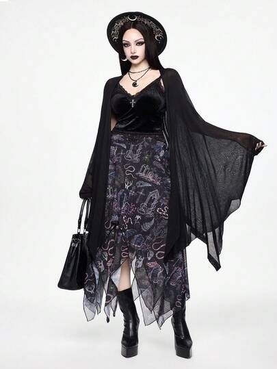 ROMWE Dark Forest Gothic Thorns Cross Vine Snake Skin Print Asymmetrical Hem Double Layer Skirt