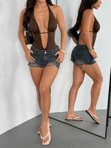 Flirla 黑色深V领露背系带连体衣，超弹力，柔软舒适，性感休闲，适合海滩、日常、夏季穿着。 - 棕色 - 查看 6