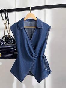 GlowEve 女士时尚休闲系带无袖牛仔上衣 - 藍色 - 查看 1