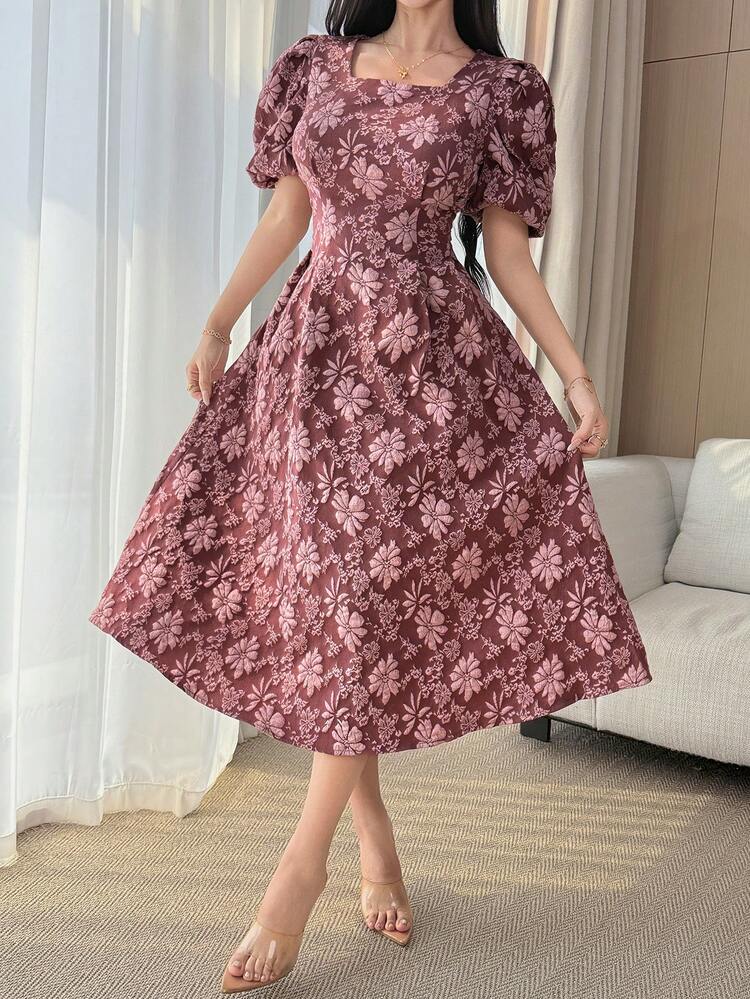 Women's Square Neck Waist Cinched A-Line Textured Fabric Dress Sundress Boho