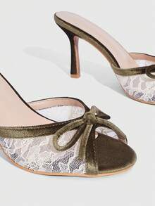 CUCCOO SZL 女士优雅通勤蕾丝蝴蝶结装饰高跟凉鞋 - 橄欖綠 - 查看 10