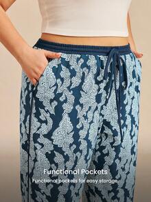 LUVLETTE 夏季加大码柔软棉质印花宽松女士休闲睡裤，透气舒适，带口袋，适合曲线身材，尺码齐全。 - 藍色 - 查看 2