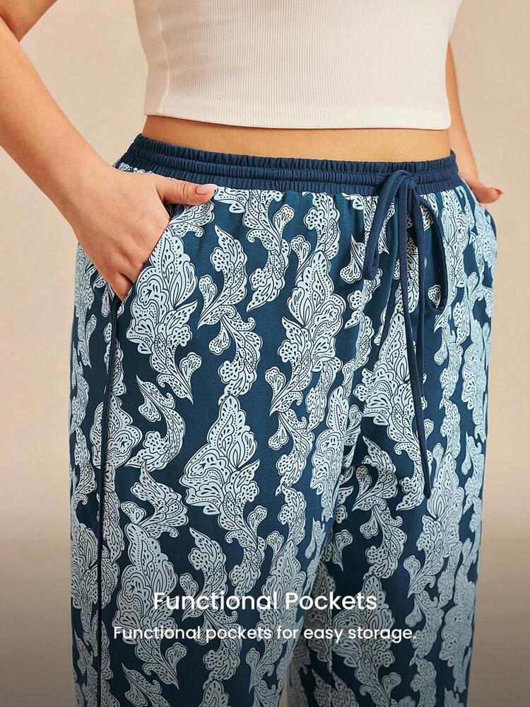 Pantalon d'été ample en coton doux à motif pour femmes. Pantalon de pyjama ample et aéré avec poches. Pantalon de style pyjama pour grandes tailles