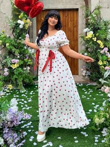 Lyrianda 大码女式樱桃印花蝴蝶结连衣裙 - 彩色 - 查看 4