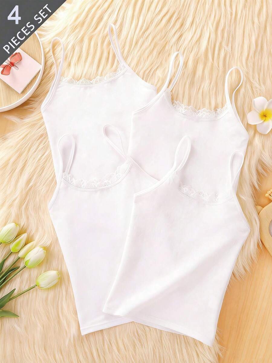 Genkimix Kids 4件套女童纯色蕾丝前襟柔软棉质运动服套装,百搭基础款T恤和裤子,适合运动、跑步、休闲穿着 - 白色 - View 1