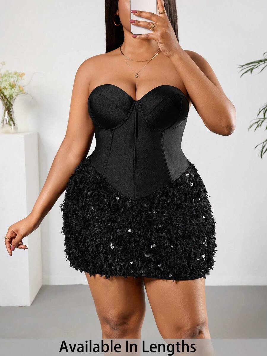 SHEIN PETITE CURVE 大码女式纯色仿毛皮拼接紧身性感时尚连衣裙 - 黑色 - 查看 1